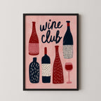 The image is a framed illustration featuring various wine bottles and wine glasses, with the text "wine club" prominently displayed.