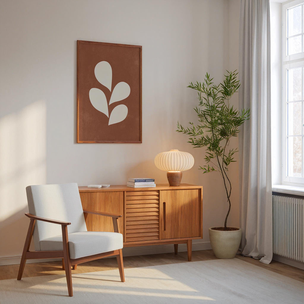 a cozy living room with a white armchair, a wooden sideboard, a lamp, and a potted plant. The room has a minimalist and modern design, with a large window providing natural light.