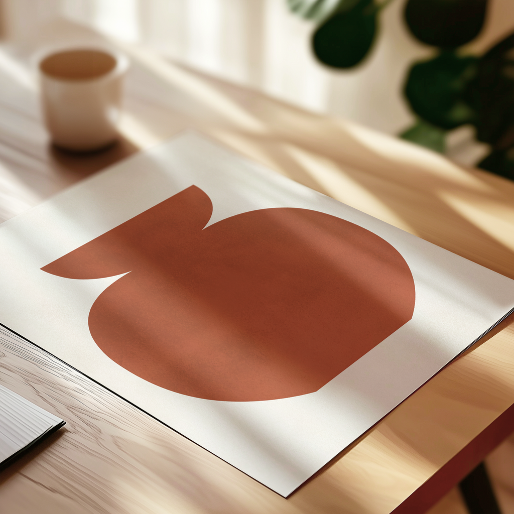a wooden table with a white paper displaying a large orange circle design, and a white cup placed on the table.