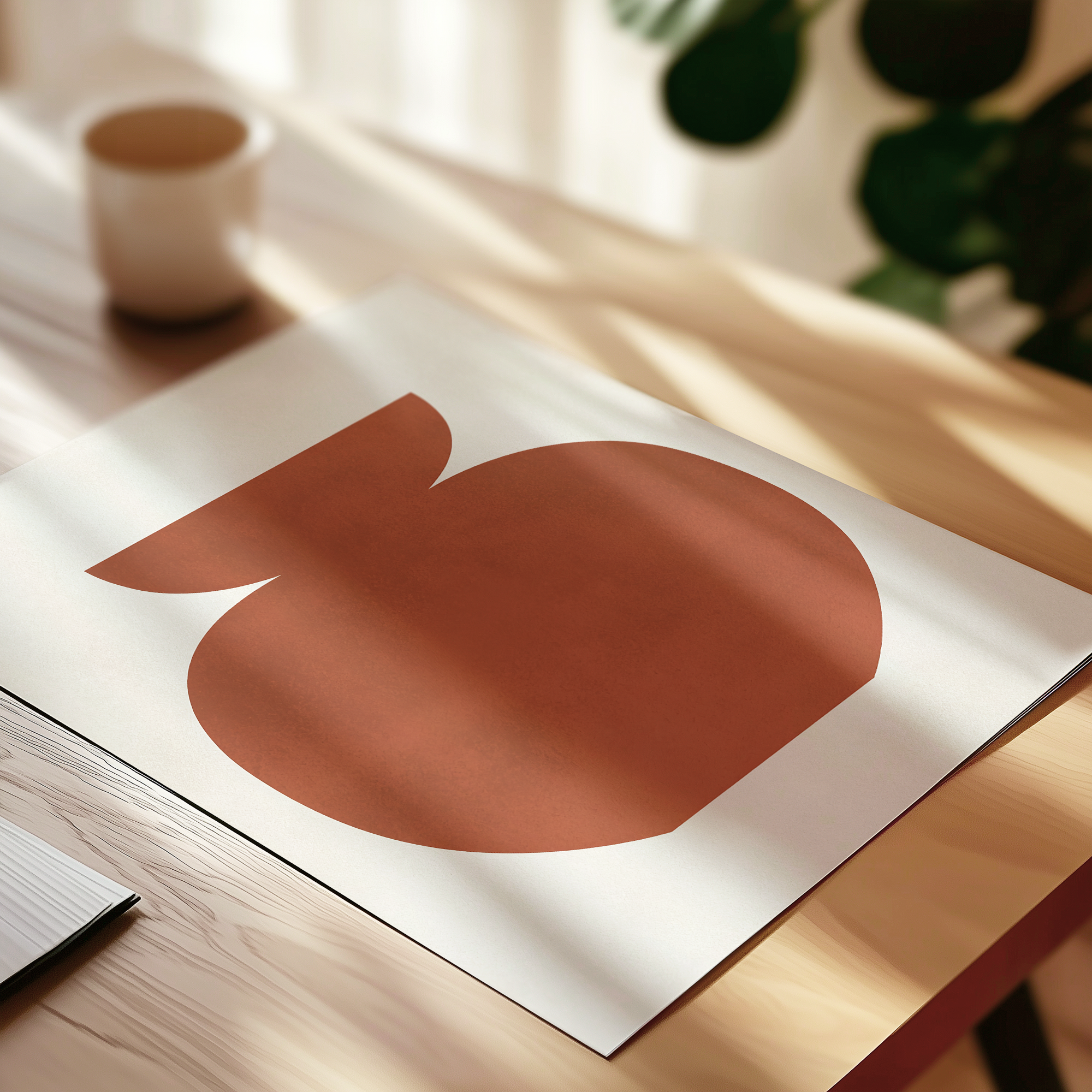 a wooden table with a white paper displaying a large orange circle design, and a white cup placed on the table.