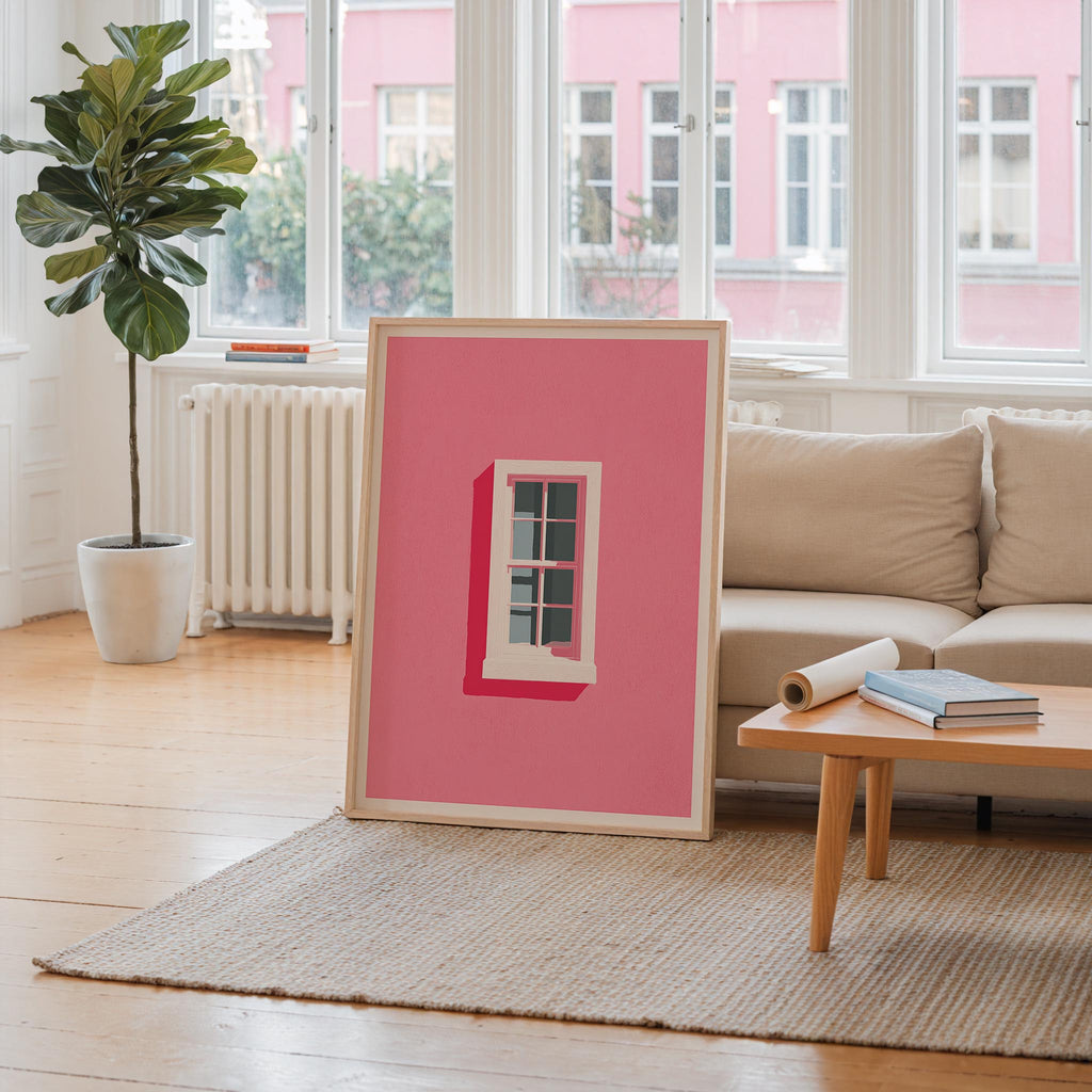 a living room with a large pink framed artwork depicting a window on the wall, a white radiator, a wooden coffee table, a potted plant, and a window with white curtains.