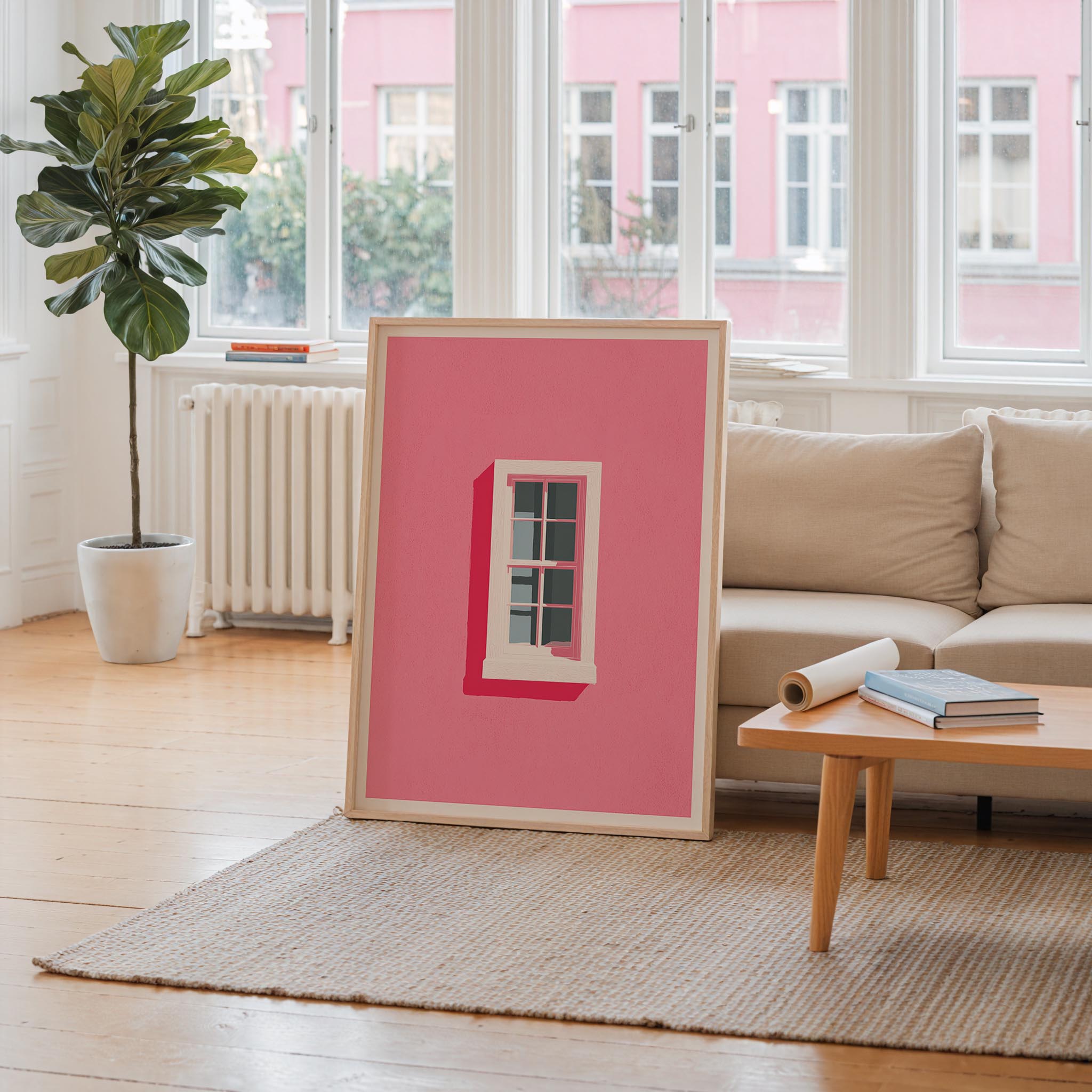 a living room with a large pink framed artwork depicting a window on the wall, a white radiator, a wooden coffee table, a potted plant, and a window with white curtains.