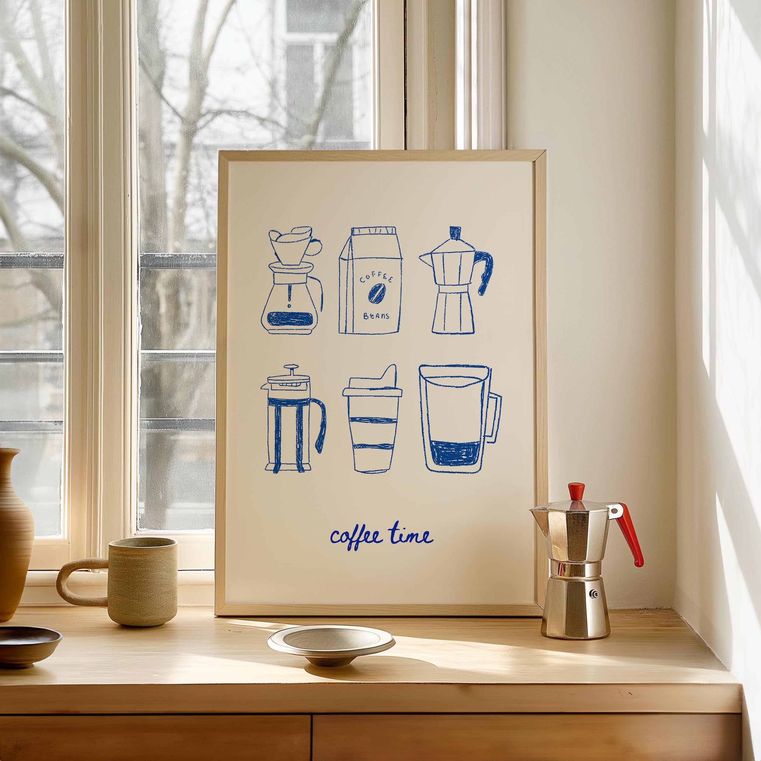 a framed poster with illustrations of coffee-making equipment, including a French press, coffee maker, and coffee cup, along with the text "coffee time". The poster is displayed on a wooden shelf, and there are various coffee-related items such as a coffee maker, a coffee cup, and a bowl on the shelf.