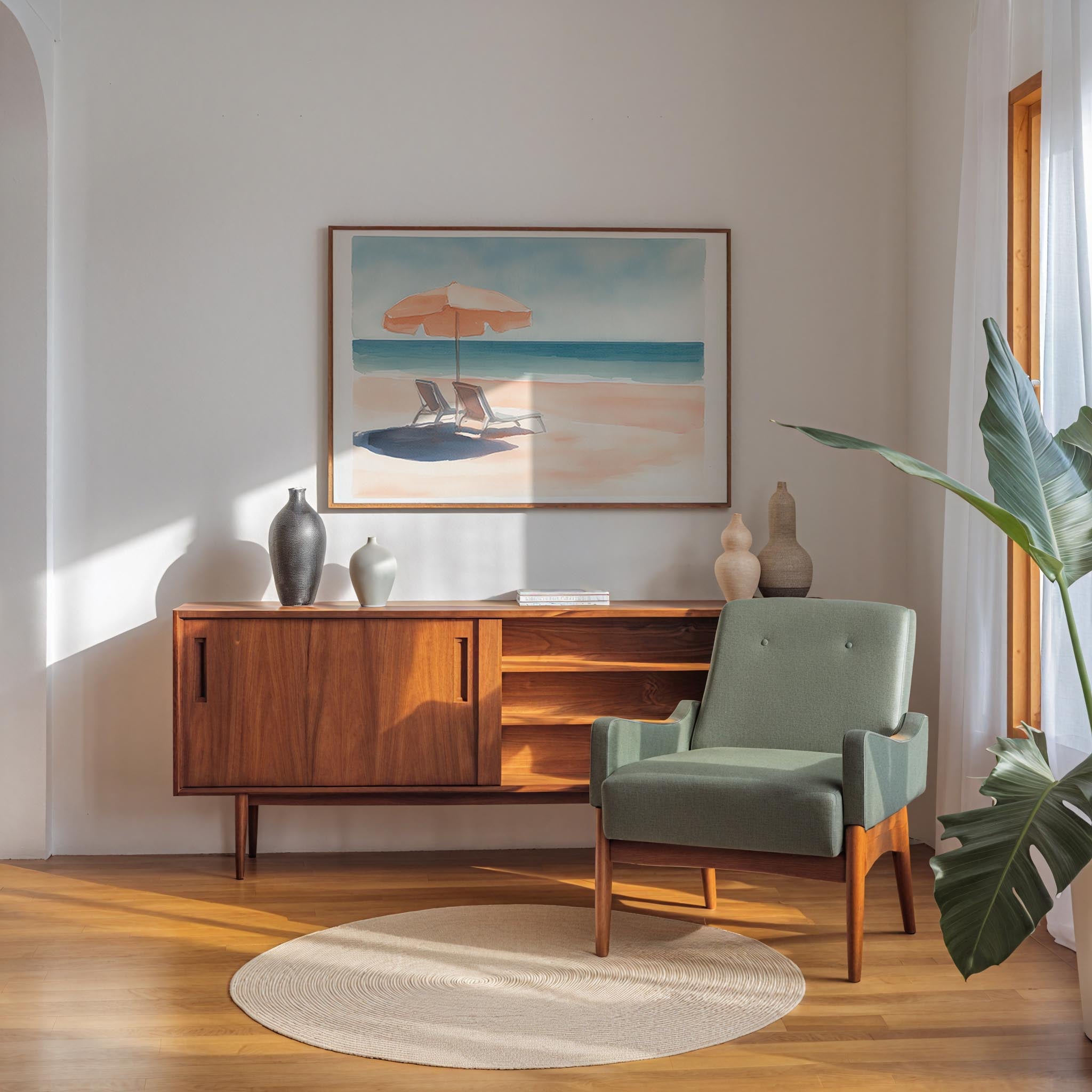 a cozy living room with a wooden sideboard, a green armchair, and a framed beach scene on the wall.