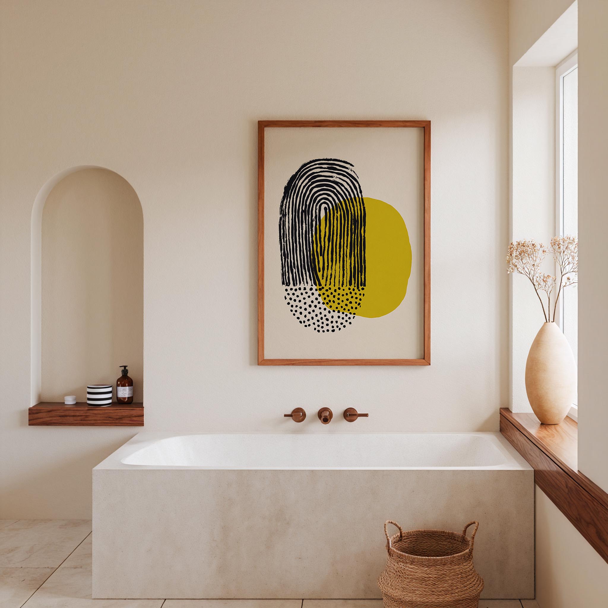 a modern bathroom with a large white bathtub, a wooden shelf, and a framed abstract artwork on the wall.