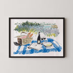 The image is a framed illustration depicting a picnic scene with a basket, wine bottle, wine glasses, and a book on a blue and white checkered blanket, set against a backdrop of a scenic landscape.