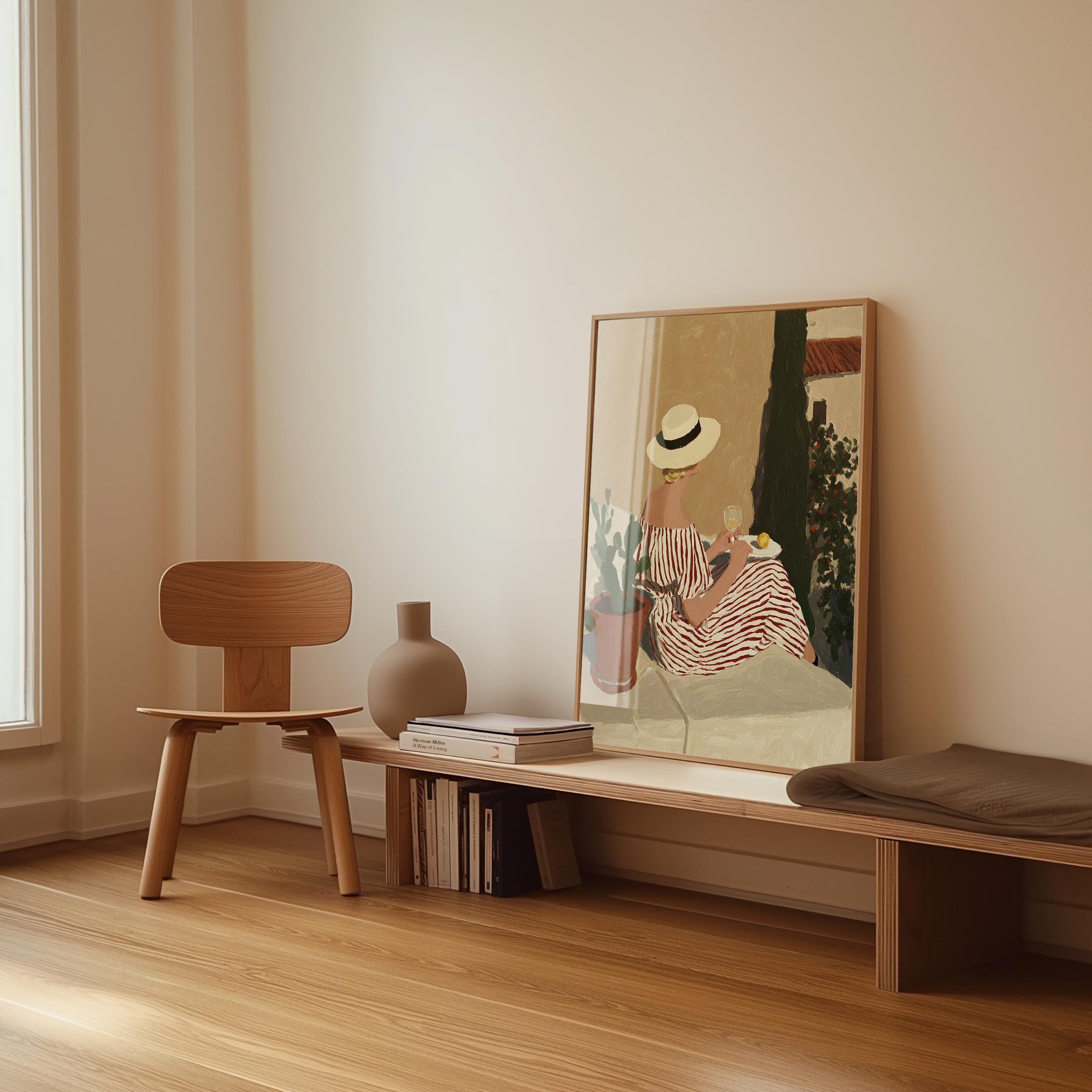 a minimalist interior design with a wooden chair, a wooden bench, a framed painting of a woman, and a stack of books on a shelf.