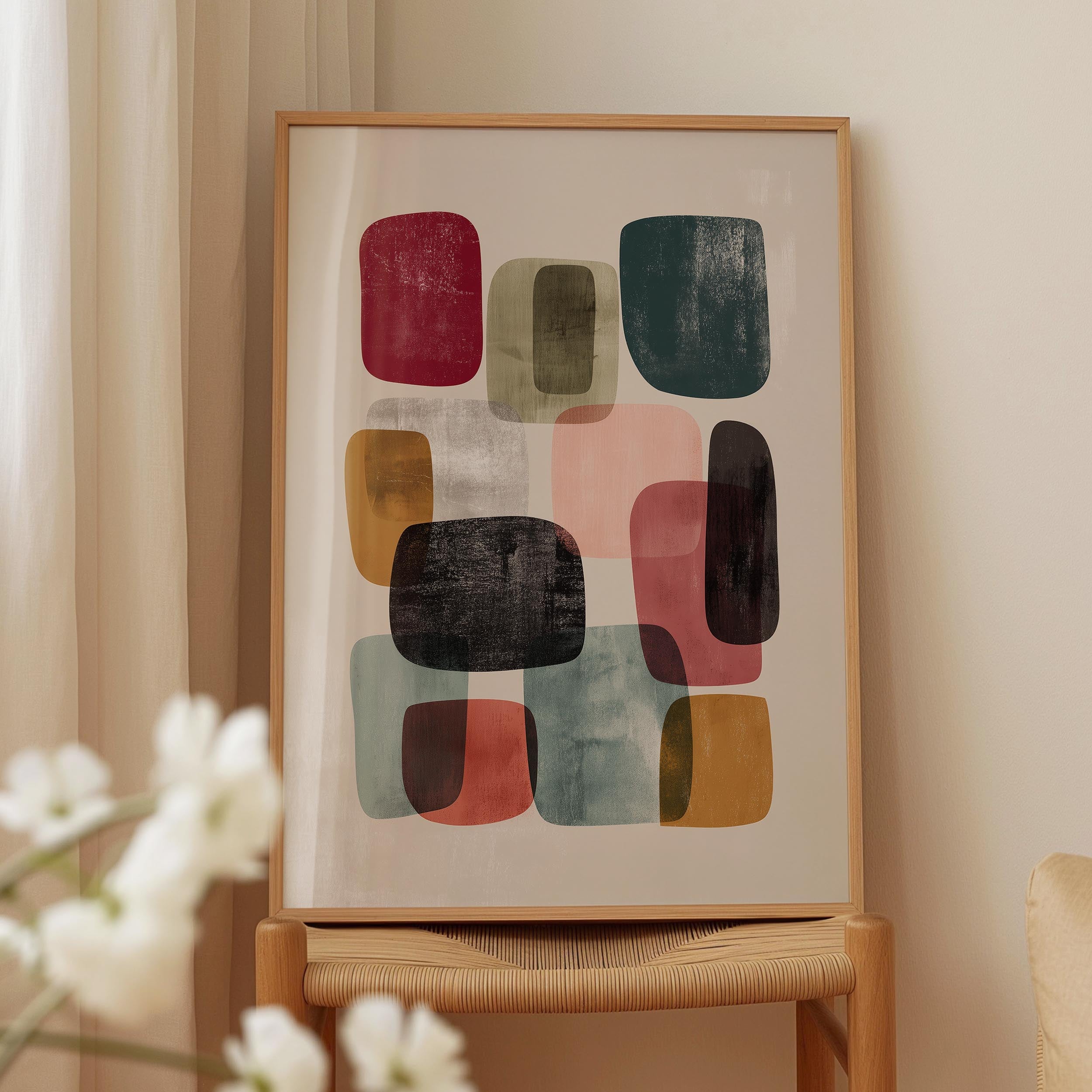 a framed abstract art piece with various colored shapes and forms, displayed on a wooden stand.