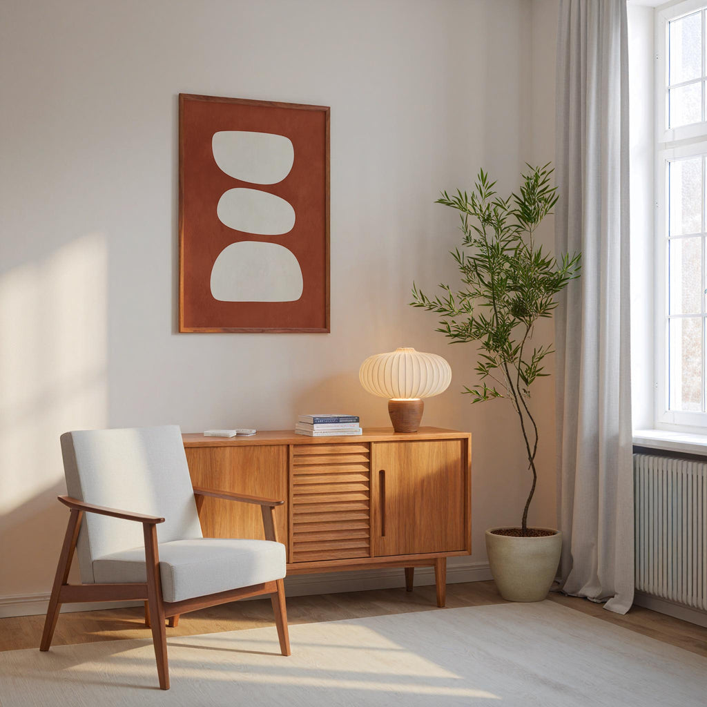 a cozy living room with a white armchair, a wooden sideboard, a lamp, and a potted plant. The room has a minimalist and modern design, with a large window providing natural light.