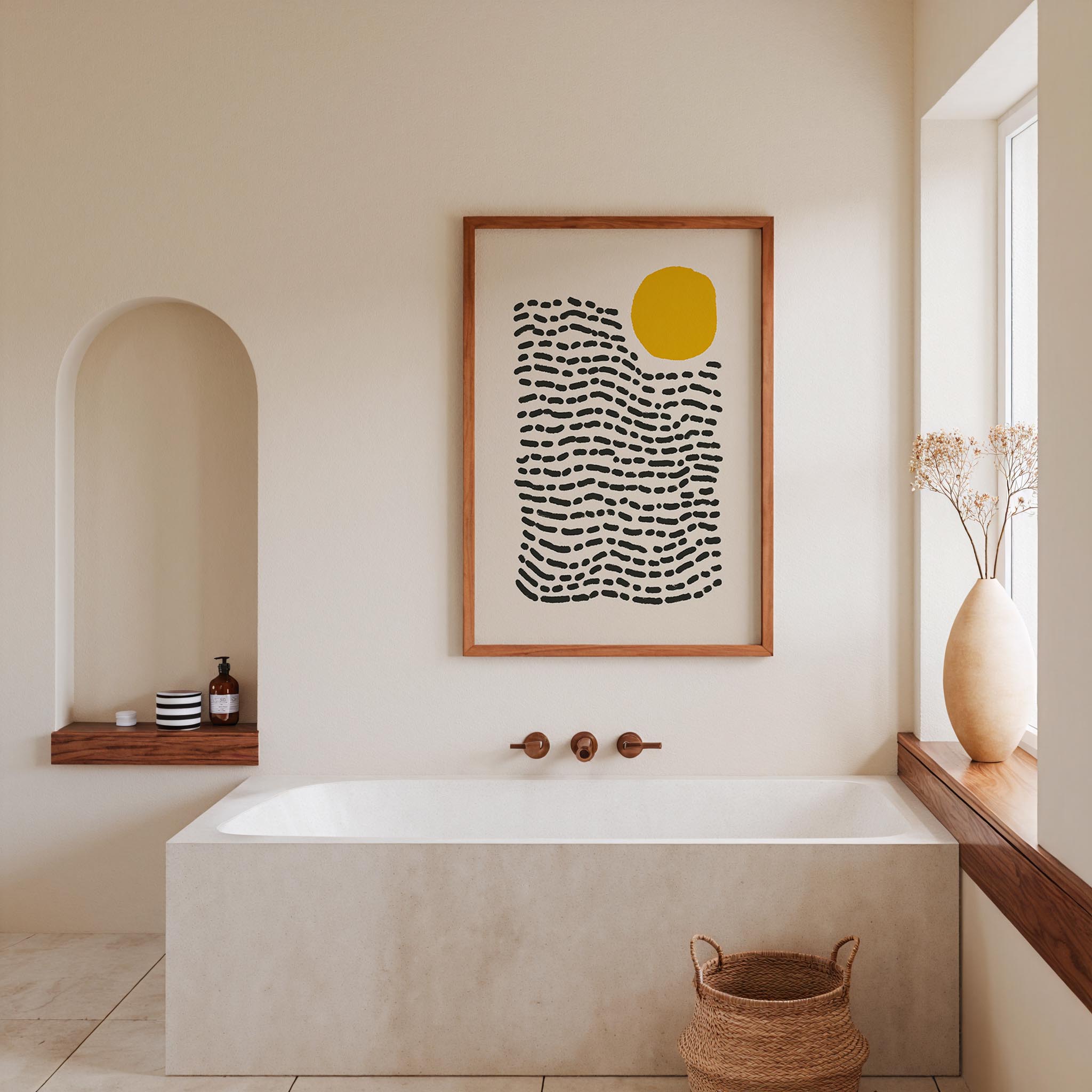a modern bathroom with a large framed abstract artwork featuring a sun and waves hanging on the wall above a white bathtub.