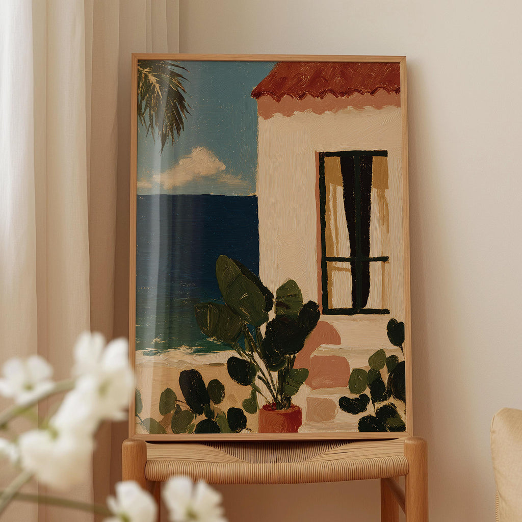 a painting of a house with a palm tree and a window, displayed on a wooden stand.