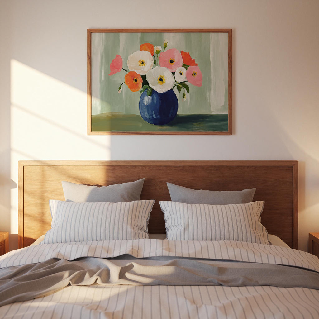 a bedroom with a wooden headboard and a bed with striped bedding. Above the bed is a framed painting of a vase with colorful flowers.