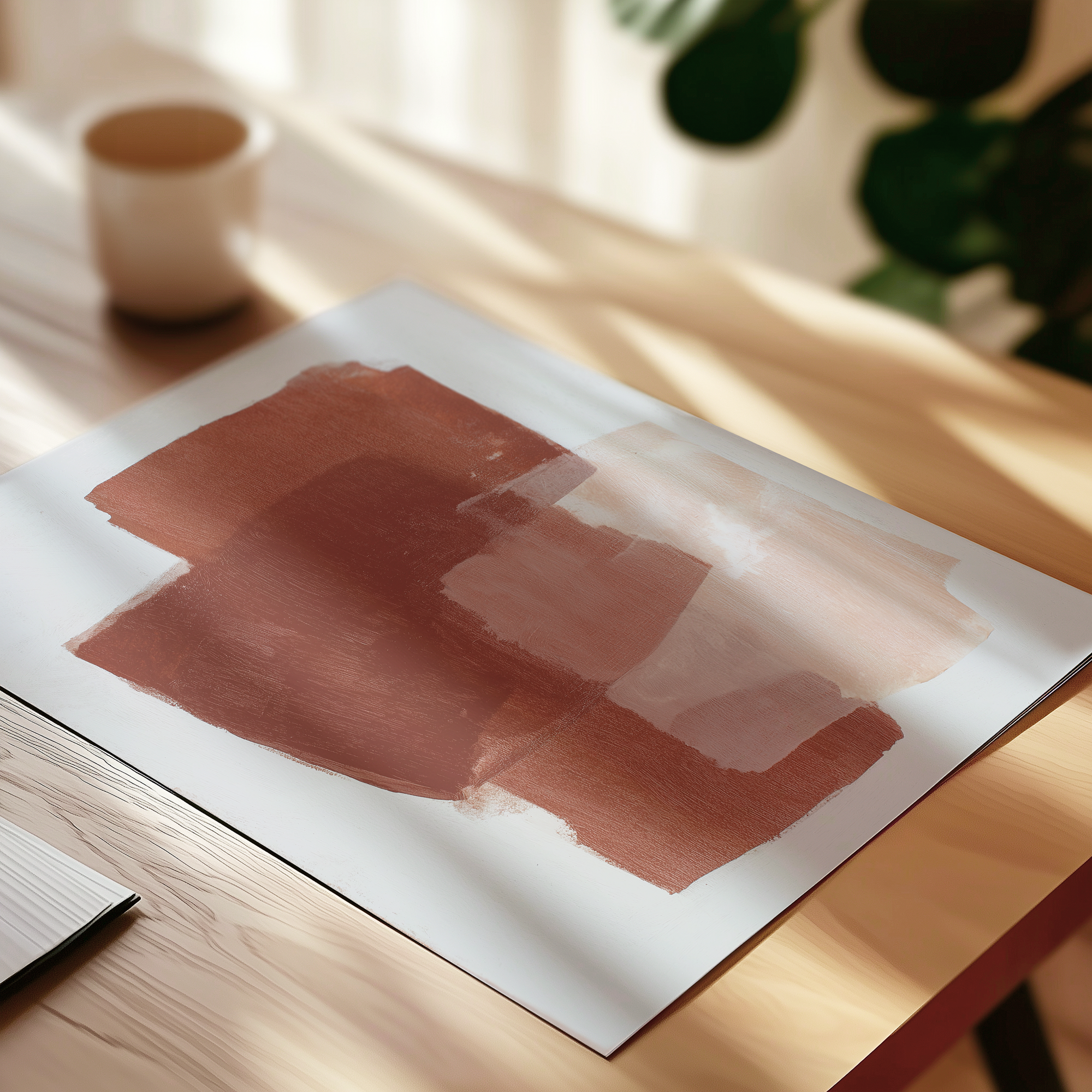 a wooden table with a white paper displaying an abstract painting in shades of brown and pink. In the background, there is a white cup and a plant.