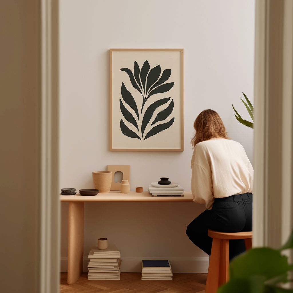 A woman is sitting at a wooden desk, surrounded by various objects, including a framed plant-like artwork, books, and a stack of books.
