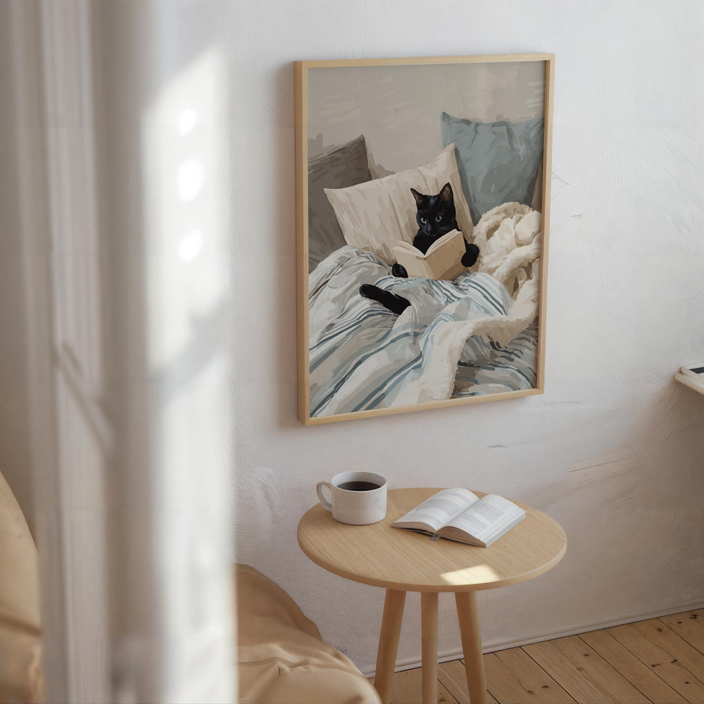 A framed painting of a black cat lying in bed and reading a book is hanging on the wall above a small wooden table with a cup of coffee and an open book.