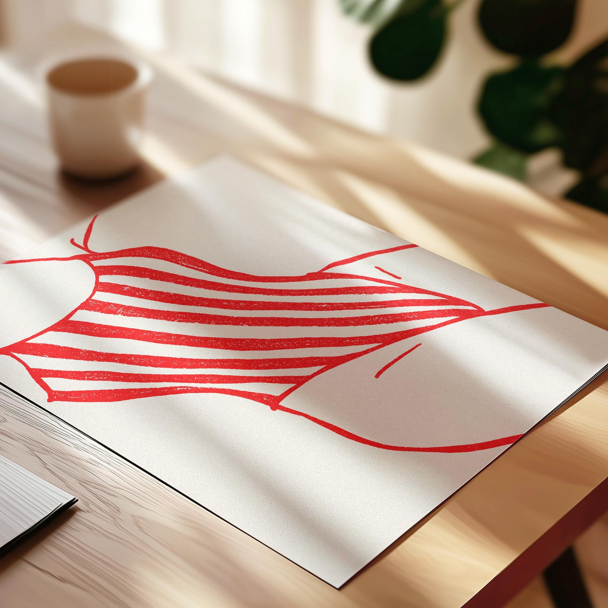 a white paper with a red and white striped design, placed on a wooden surface.
