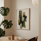 a minimalist dining area with a wooden table, a vase with flowers, and a framed abstract painting on the wall.