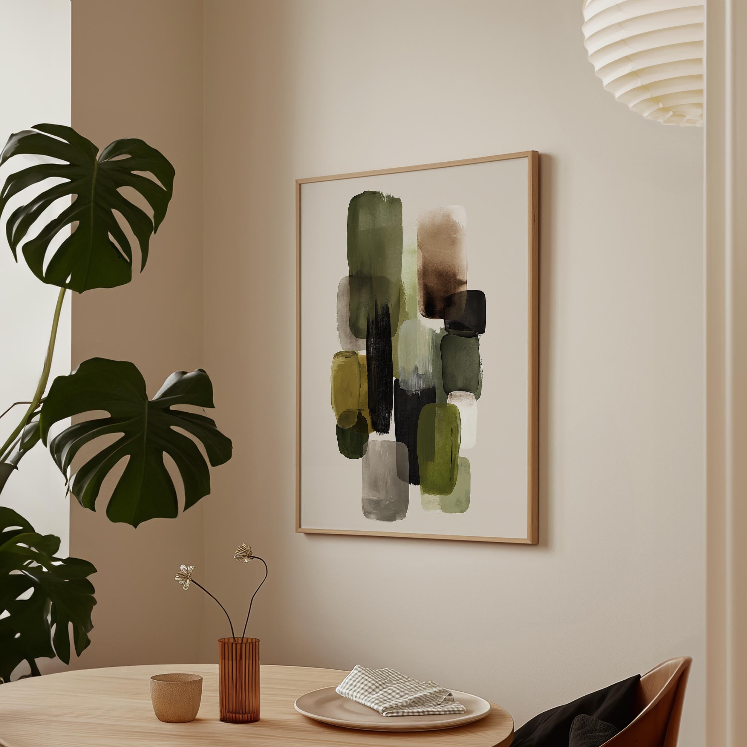 a minimalist dining area with a wooden table, a vase with flowers, and a framed abstract painting on the wall.