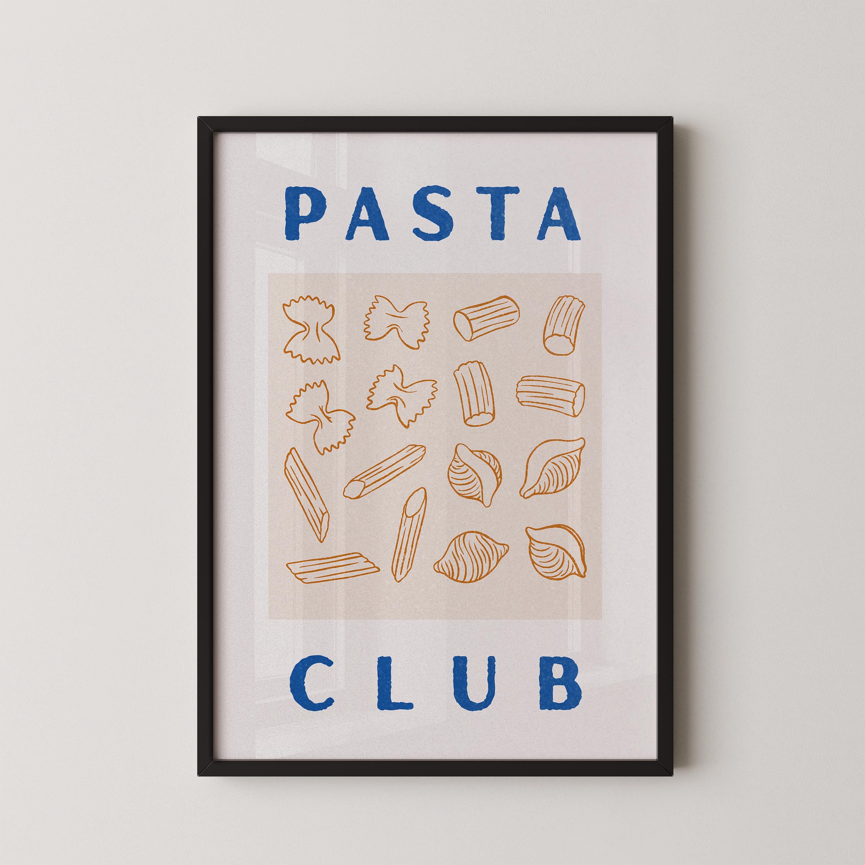 The image is a framed poster with the text "PASTA CLUB" and various illustrations of pasta shapes.