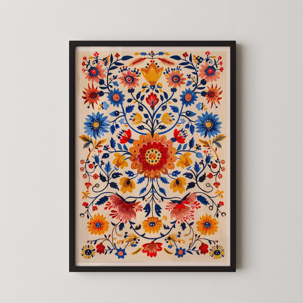The image is a framed print featuring a vibrant and intricate floral design with various types of flowers and leaves in different colors, including red, blue, yellow, and orange.