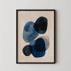 The image is a framed abstract art piece featuring a variety of blue and black shapes and forms.