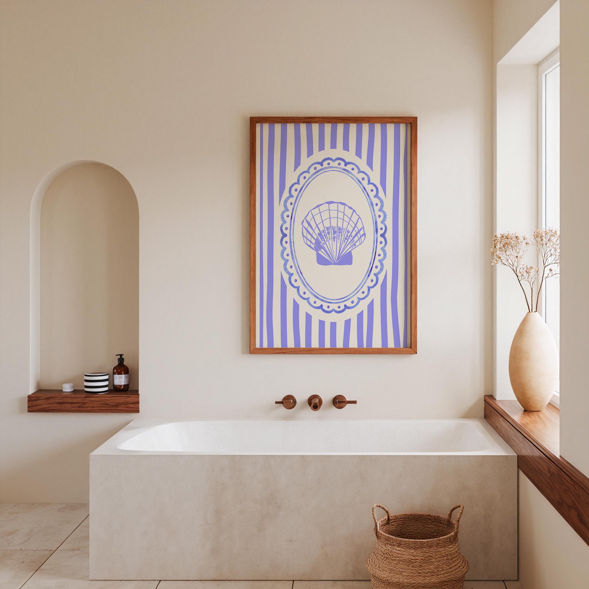 a bathroom with a large framed picture of a shell on the wall above a white bathtub. The bathroom has a wooden shelf and a window, creating a serene and relaxing atmosphere.
