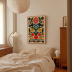 a cozy bedroom with a bed, a lamp, and a framed artwork on the wall.