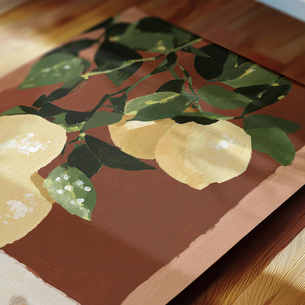 The image is a painting of a lemon tree with green leaves and yellow lemons hanging from the branches.