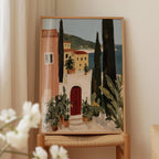 a painting of a coastal town with a red door and a white building, surrounded by lush greenery and a blue sky.