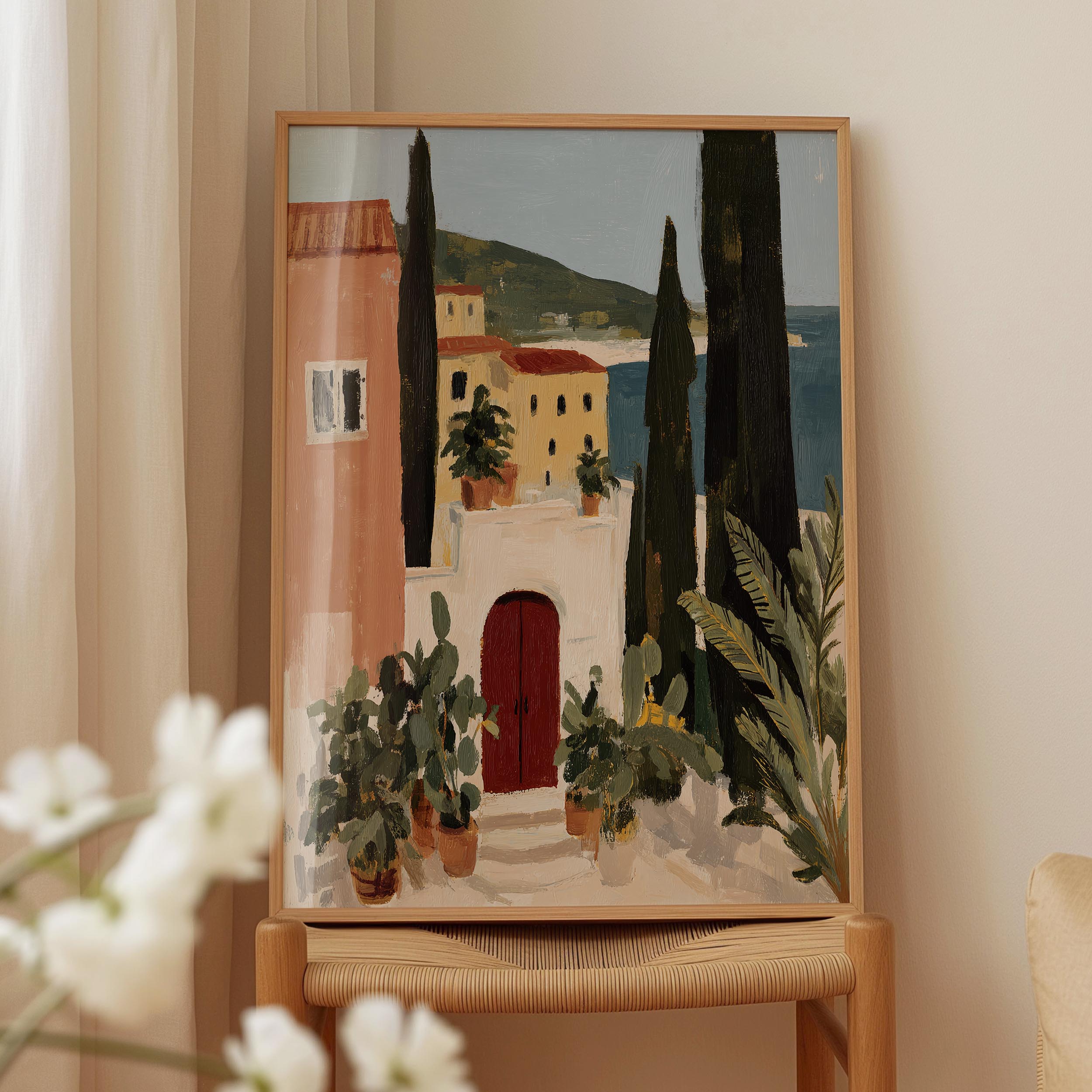 a painting of a coastal town with a red door and a white building, surrounded by lush greenery and a blue sky.