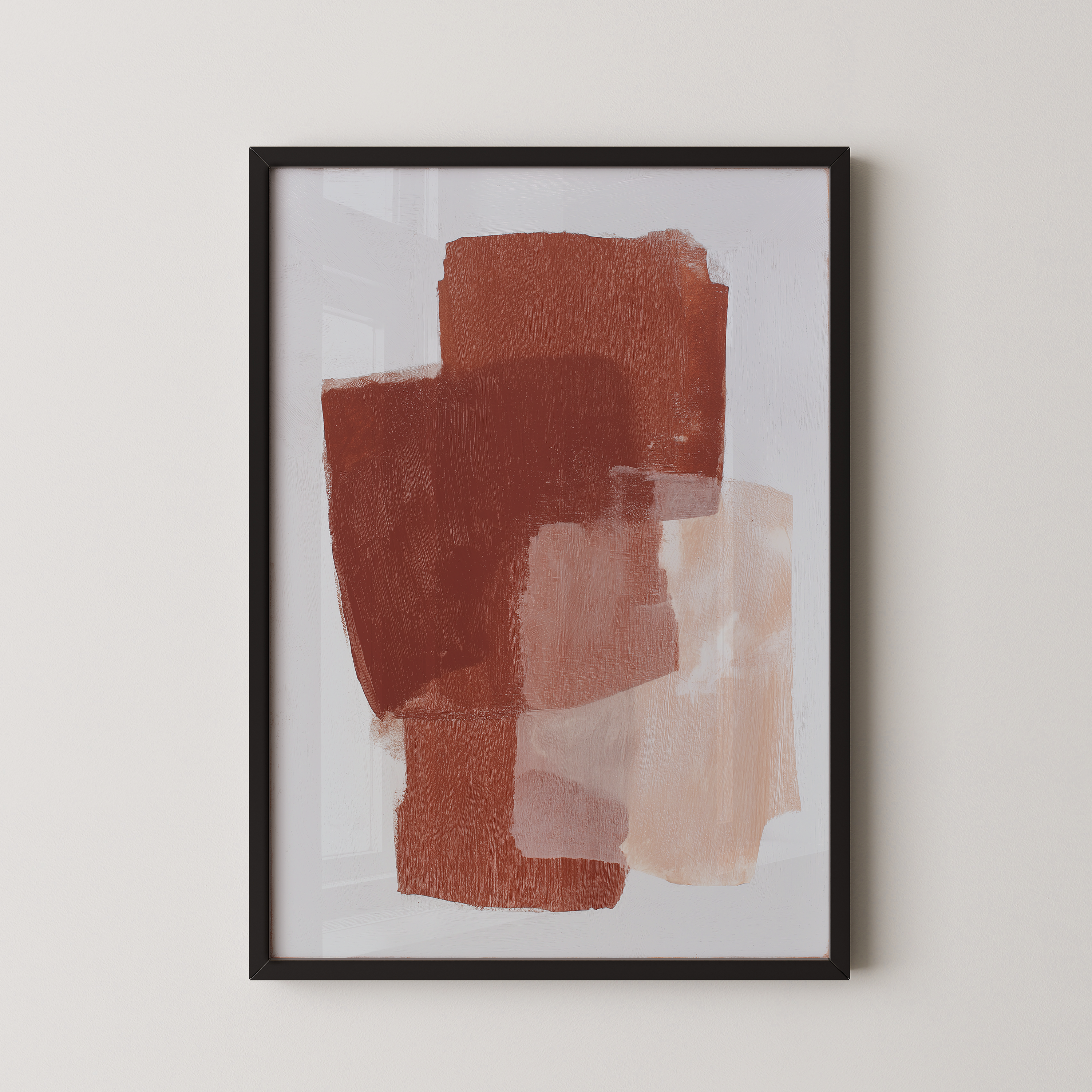 The image is a framed abstract art piece with a predominantly red and brown color palette. The artwork is displayed on a white wall, and the frame has a black border.