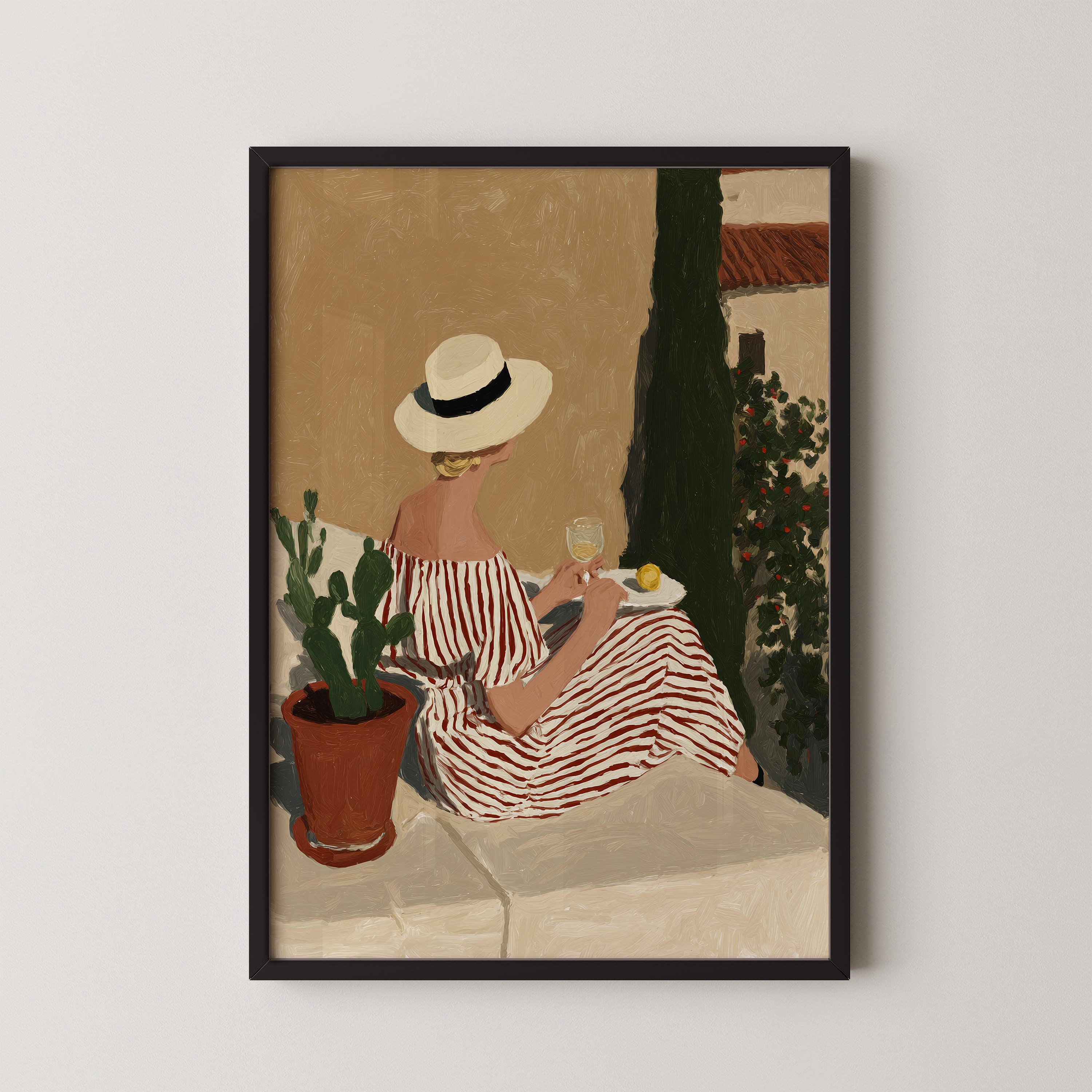 A woman in a striped dress is sitting on a bench, holding a glass of wine and surrounded by potted plants.