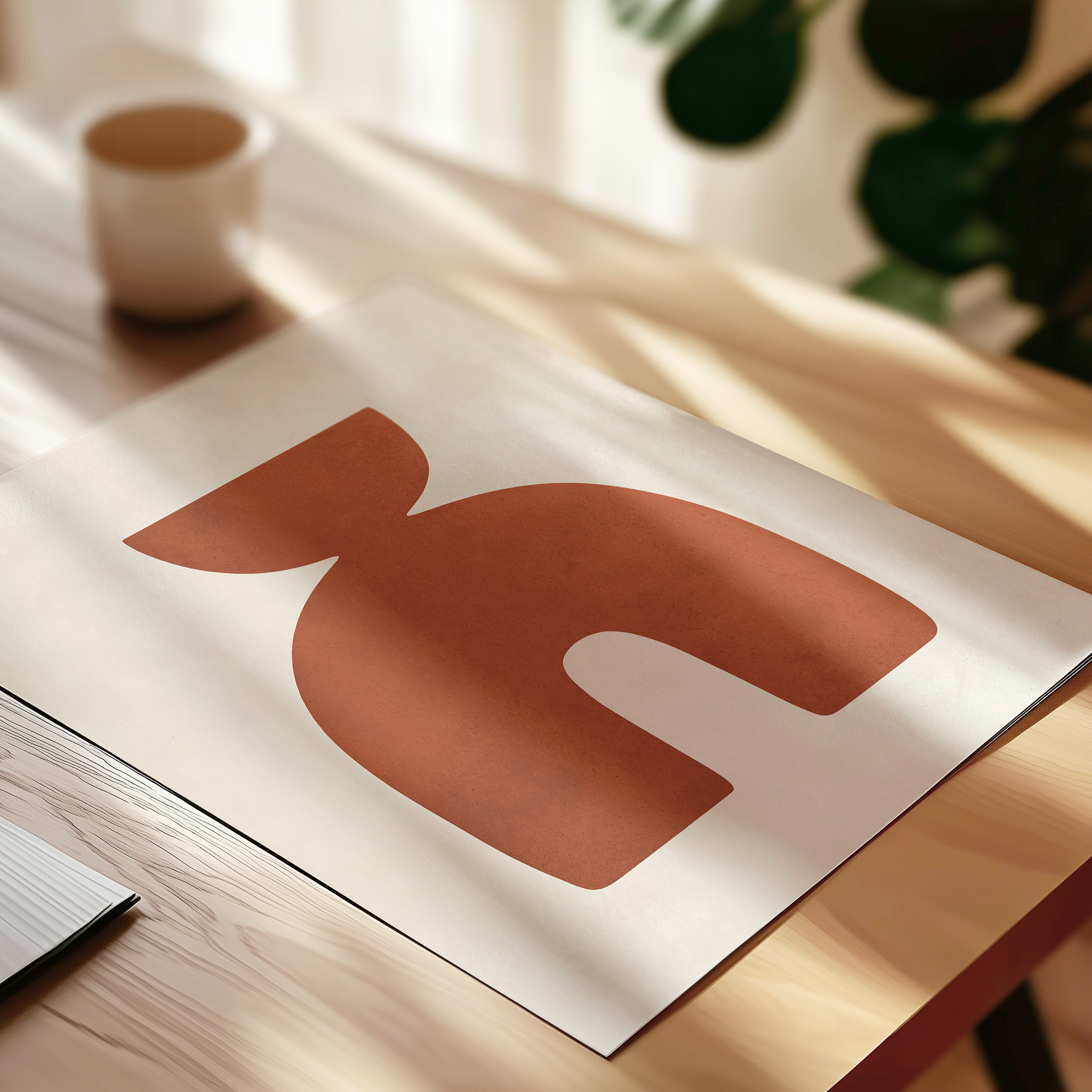 a large, abstract orange shape on a white surface, with a cup and a plant visible in the background.