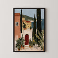 The image is a framed painting depicting a coastal town with colorful buildings, a red door, and lush greenery, including palm trees and potted plants.
