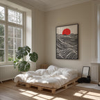 a serene and minimalist bedroom with a large window, a white bed with a wooden bed frame, and a black cat resting on the floor. The room has a calming and modern aesthetic, with a large abstract painting on the wall and a potted plant adding a touch of nature to the space.