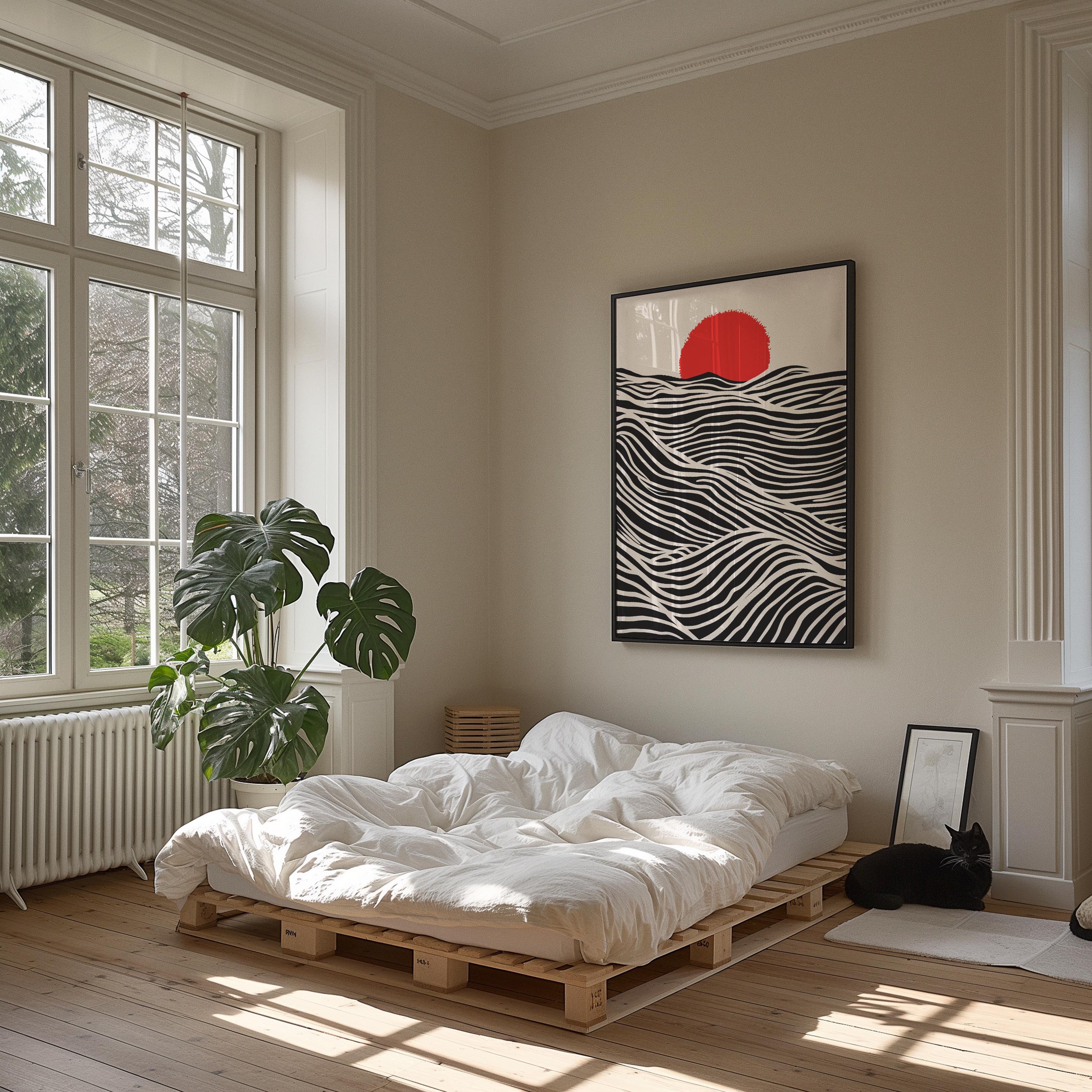 a serene and minimalist bedroom with a large window, a white bed with a wooden bed frame, and a black cat resting on the floor. The room has a calming and modern aesthetic, with a large abstract painting on the wall and a potted plant adding a touch of nature to the space.
