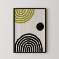 The image is a framed artwork featuring abstract geometric designs in black and yellow.