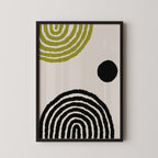 The image is a framed artwork featuring abstract geometric designs in black and yellow.