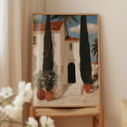 a painting of a white building with a red roof, surrounded by palm trees, situated in a tropical setting.