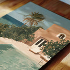 a serene tropical scene with a palm tree, a pool, and a building with a balcony overlooking the water.