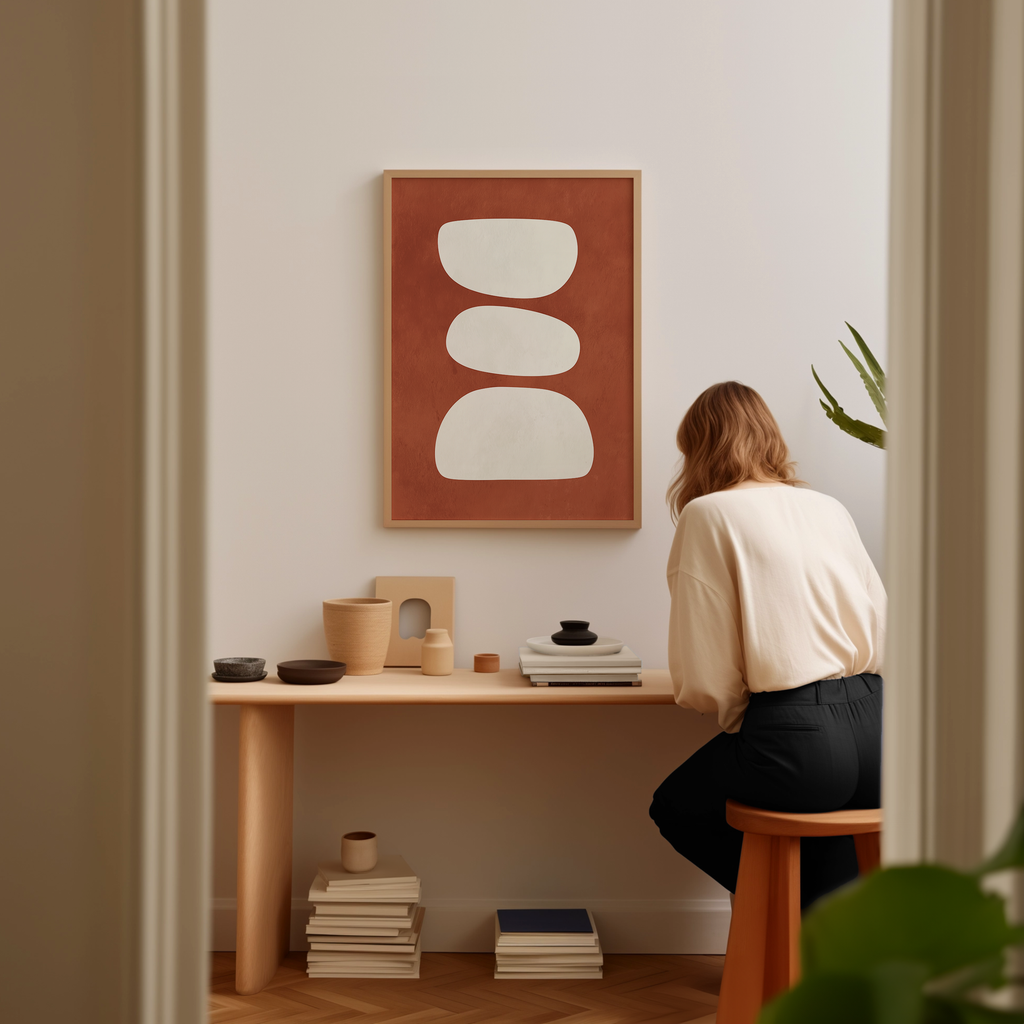 A woman is sitting at a wooden desk, surrounded by various objects, including a stack of books, a plant, and a framed abstract artwork on the wall.