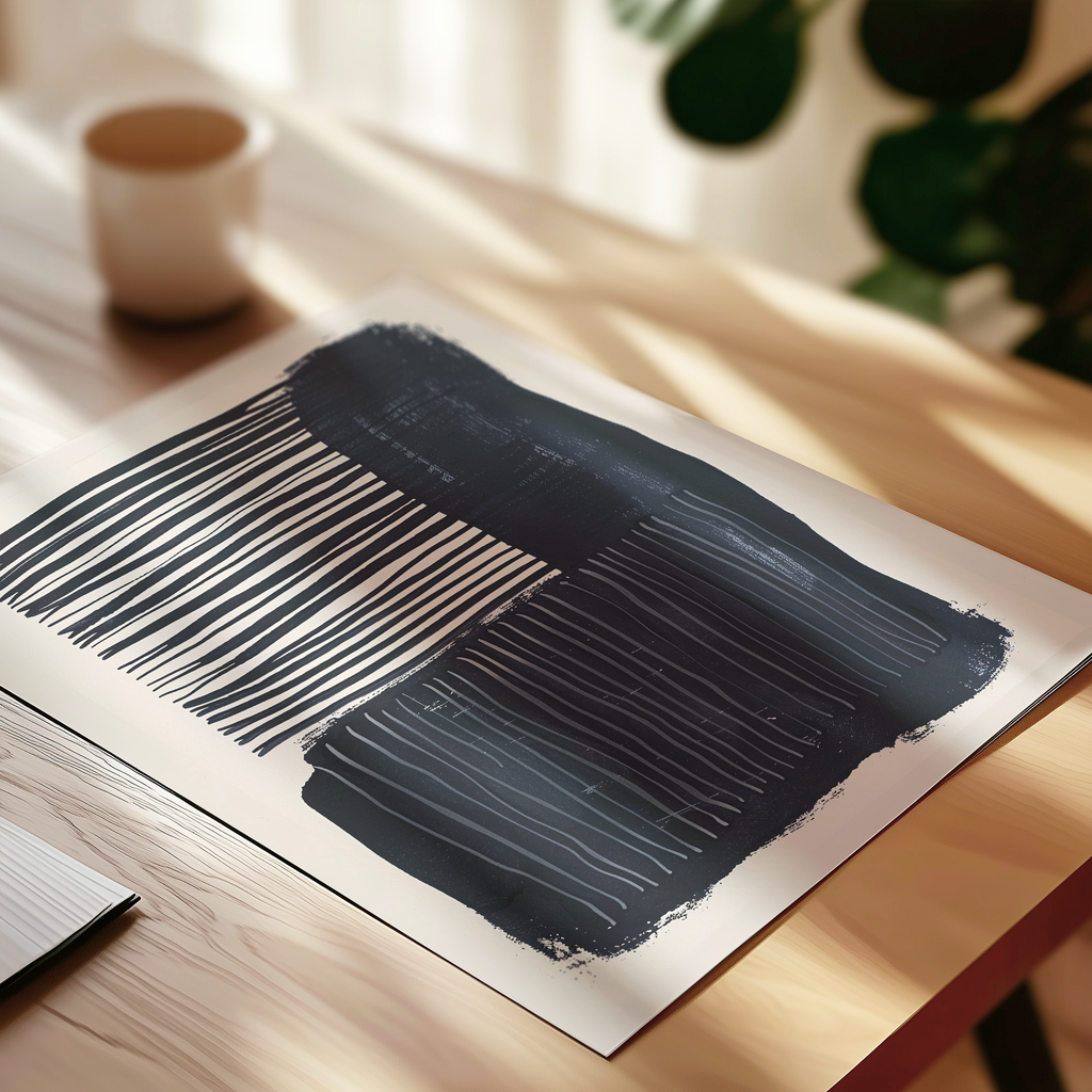 a wooden table with a white paper displaying a black and white abstract design, and a white cup placed on the table.