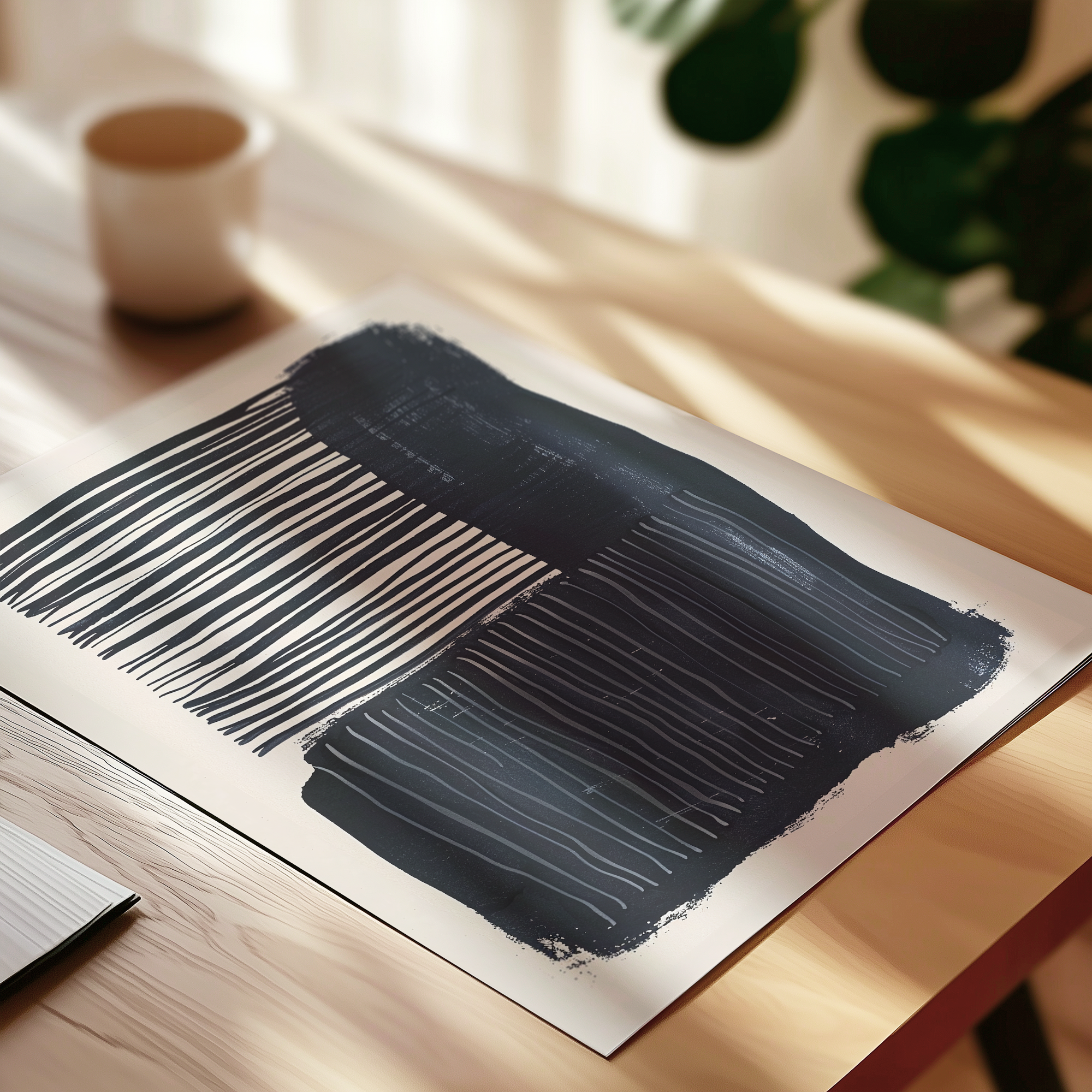a wooden table with a white paper displaying a black and white abstract design, and a white cup placed on the table.