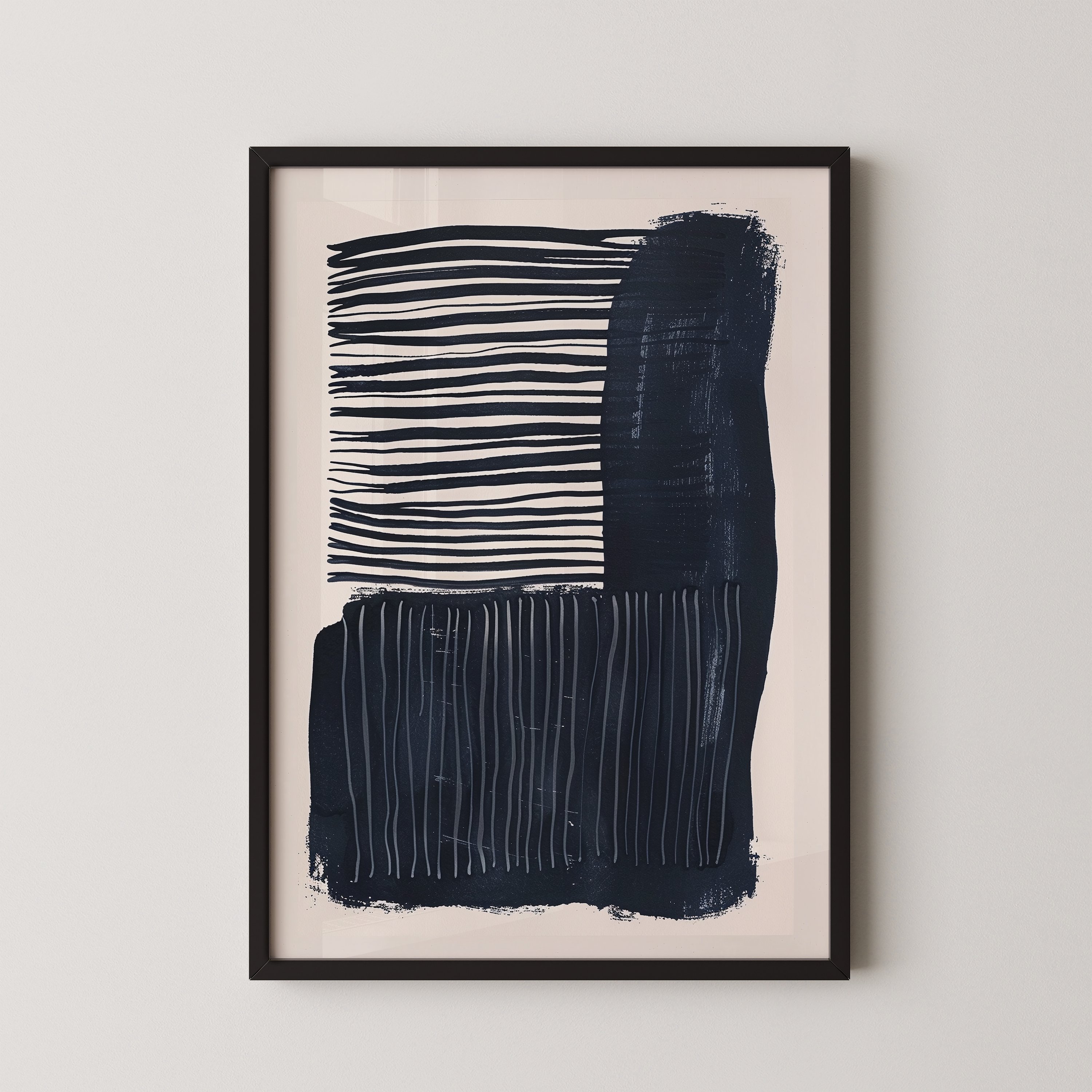 The image is a framed abstract art piece featuring bold black and white stripes and brushstrokes.