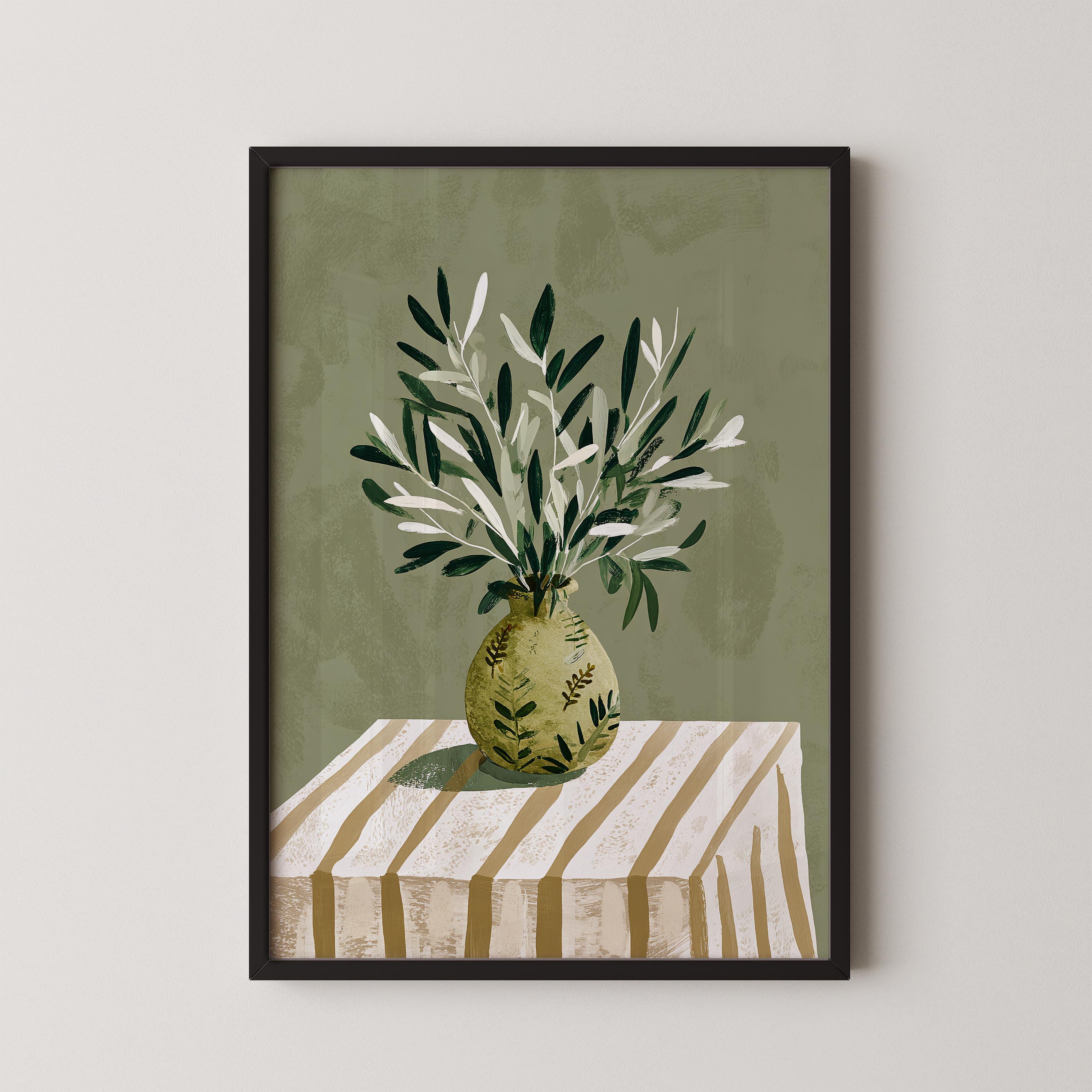 A framed illustration of a vase filled with green leaves and branches, placed on a striped tablecloth.