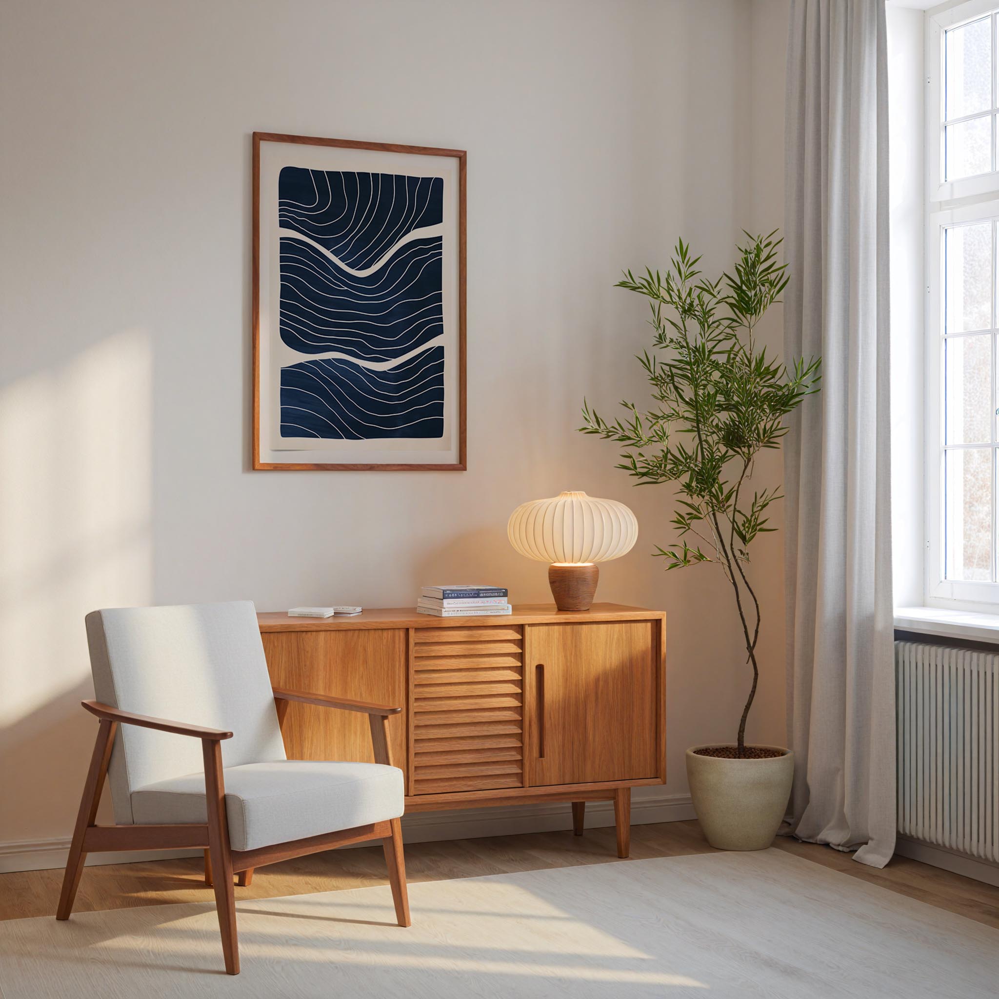a cozy living room with a white armchair, a wooden sideboard, a framed abstract artwork, and a potted plant.