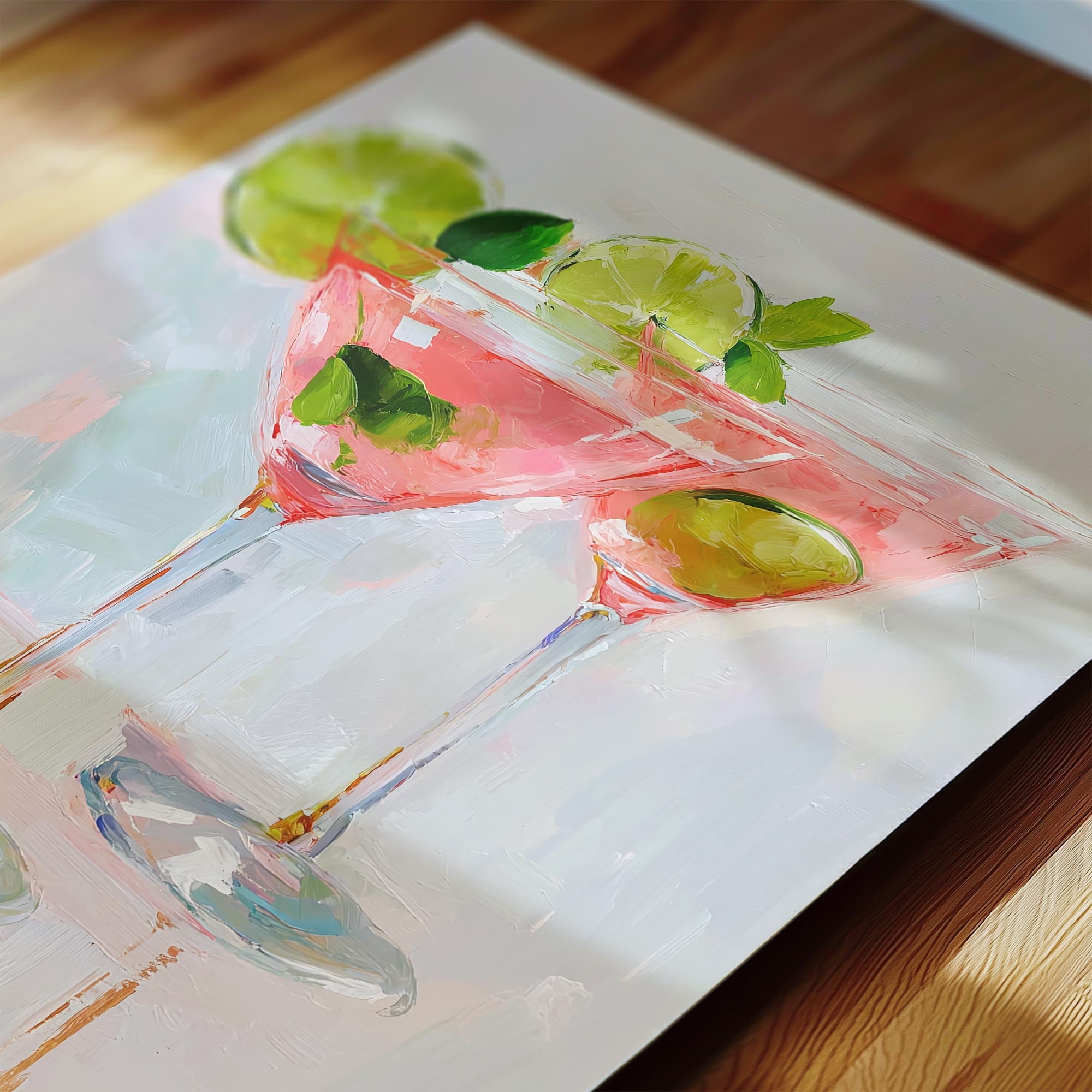 A painting of a pink cocktail glass with lime slices and green leaves, set against a wooden background.