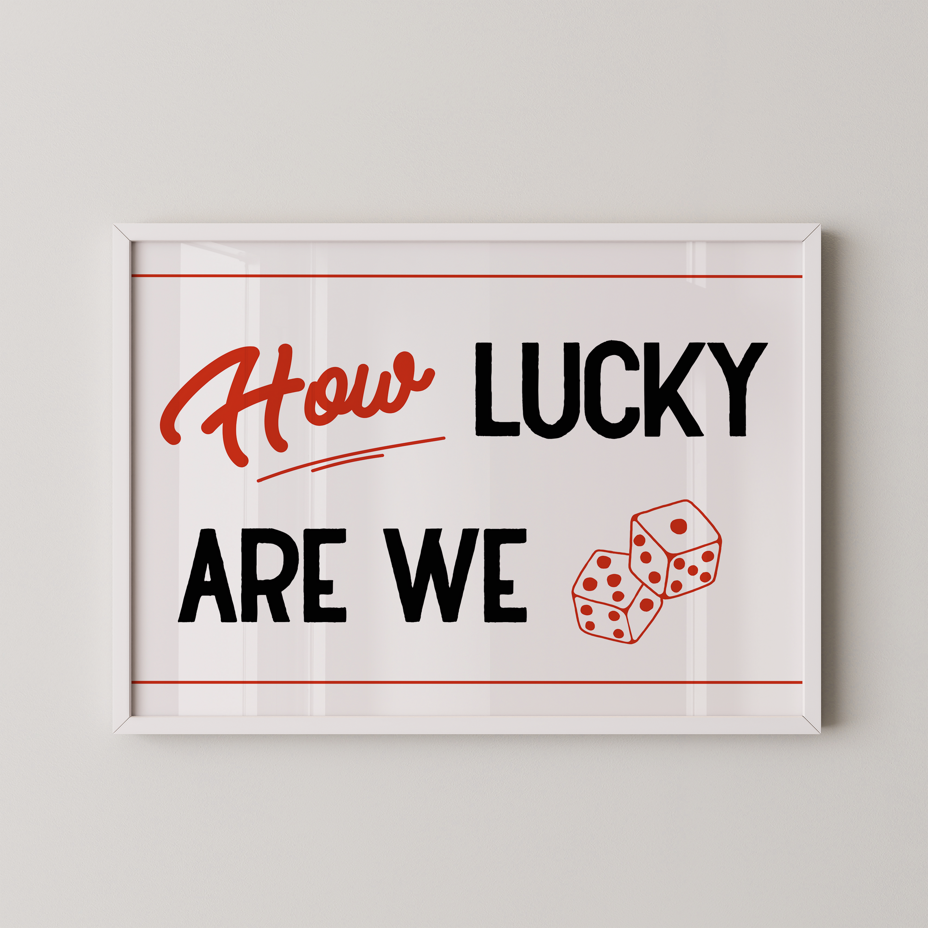 a framed poster with the text "How LUCKY ARE WE" and two dice graphics.