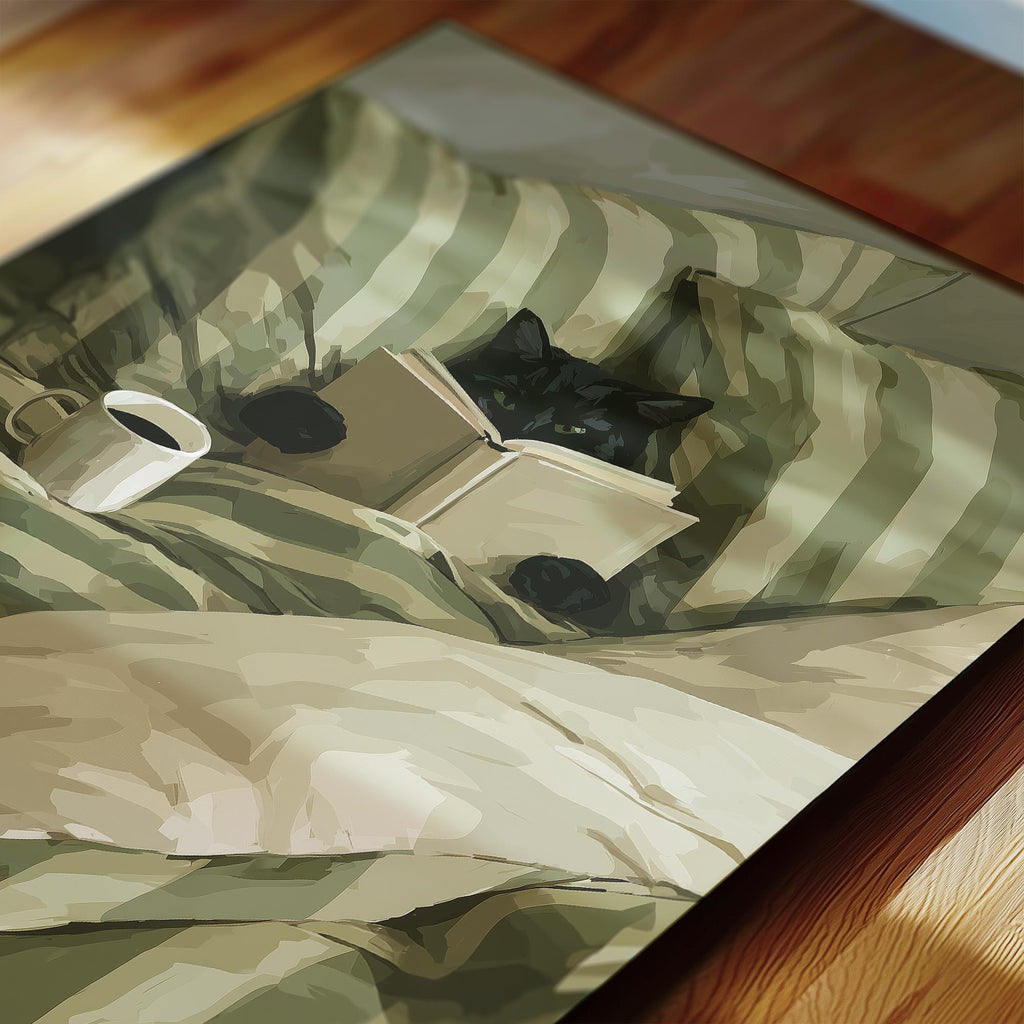 A black cat is lying on a bed, reading a book with its paws on the pages.