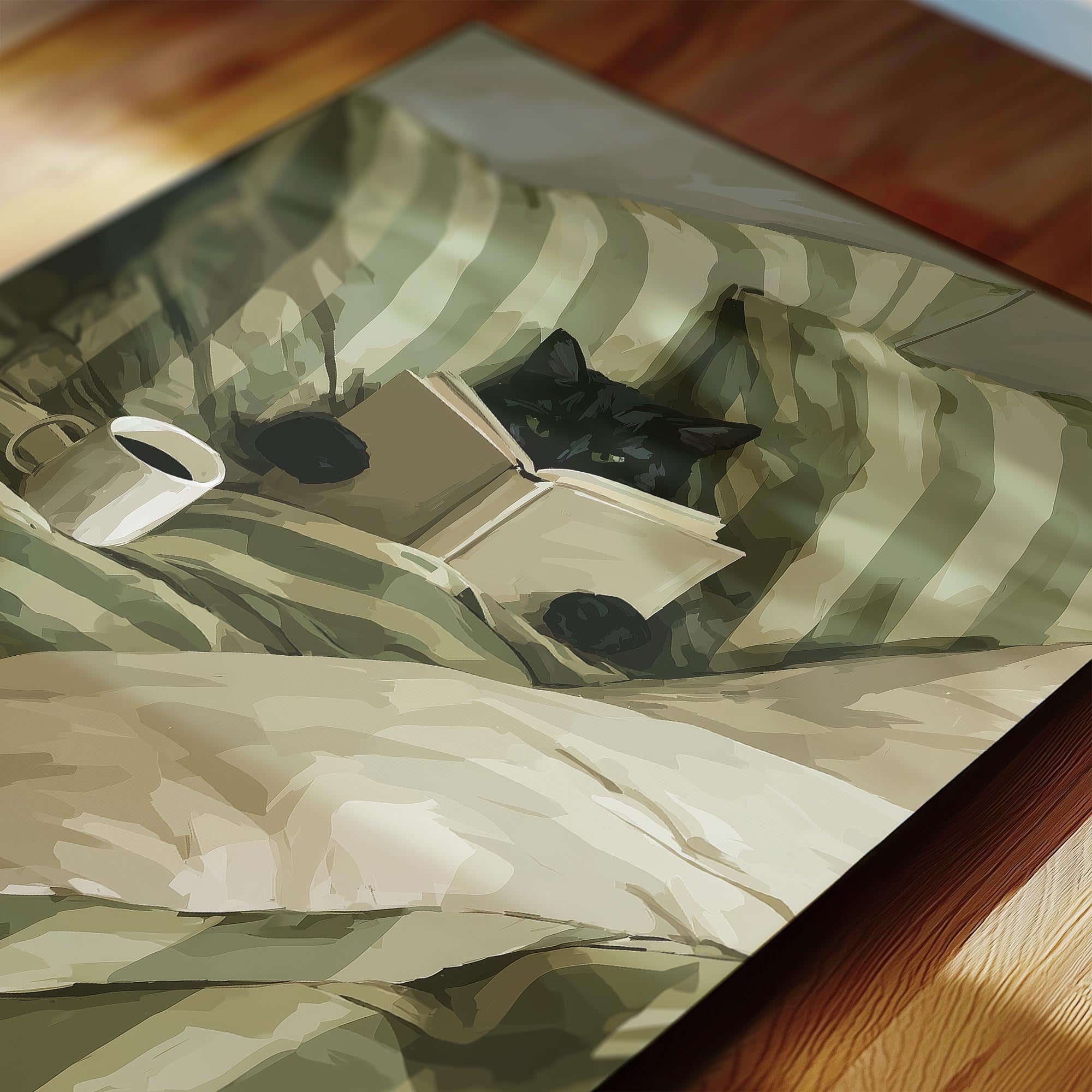 A black cat is lying on a bed, reading a book with its paws on the pages.